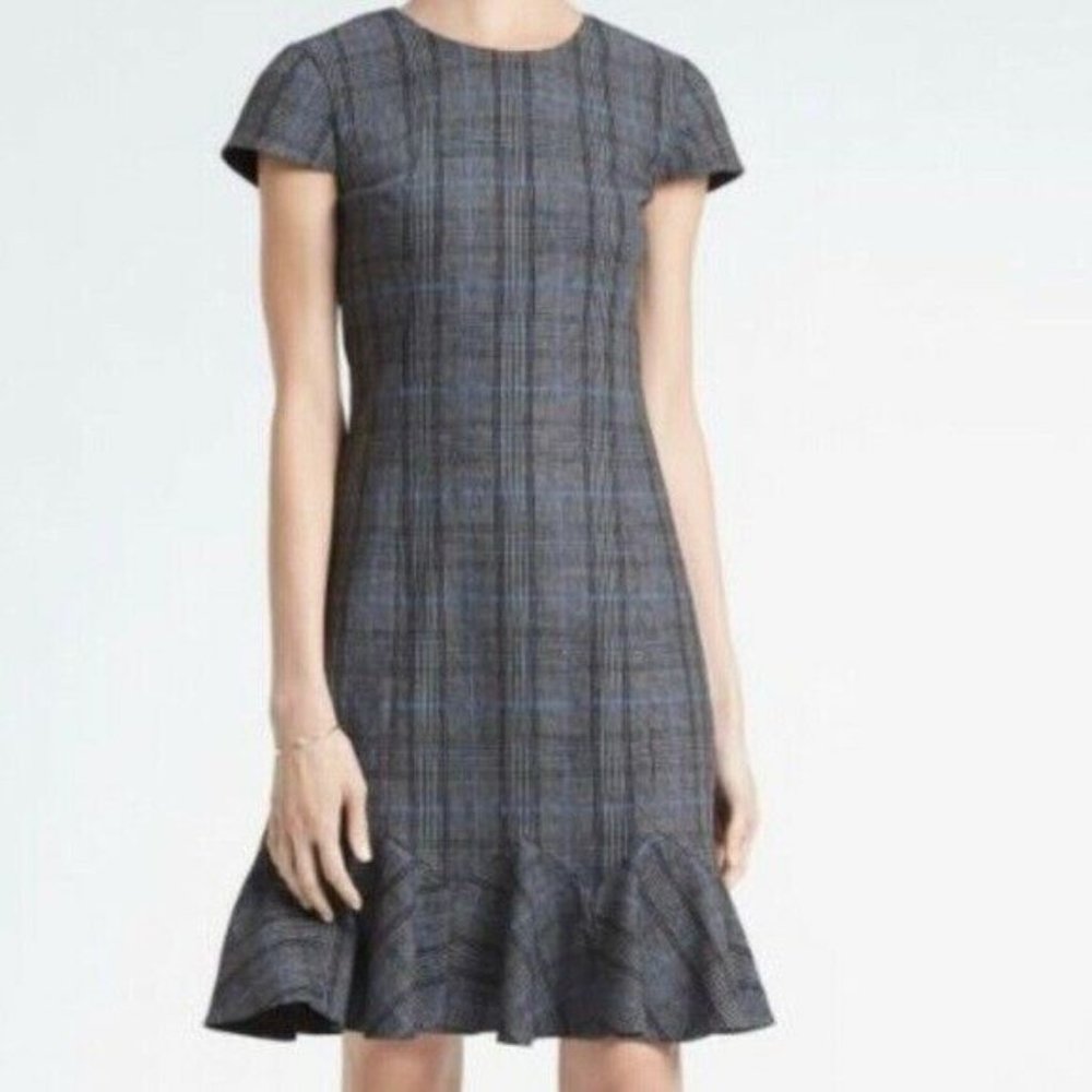 Banana Republic Gray Blue Plaid Flounce Ruffle Hem